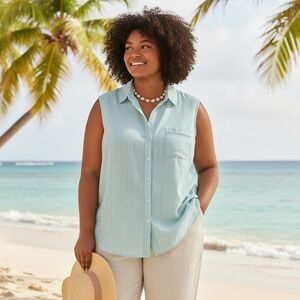 Chicos Light Blue Striped Sleeveless Linen Button Up Shirt Top US Size 4